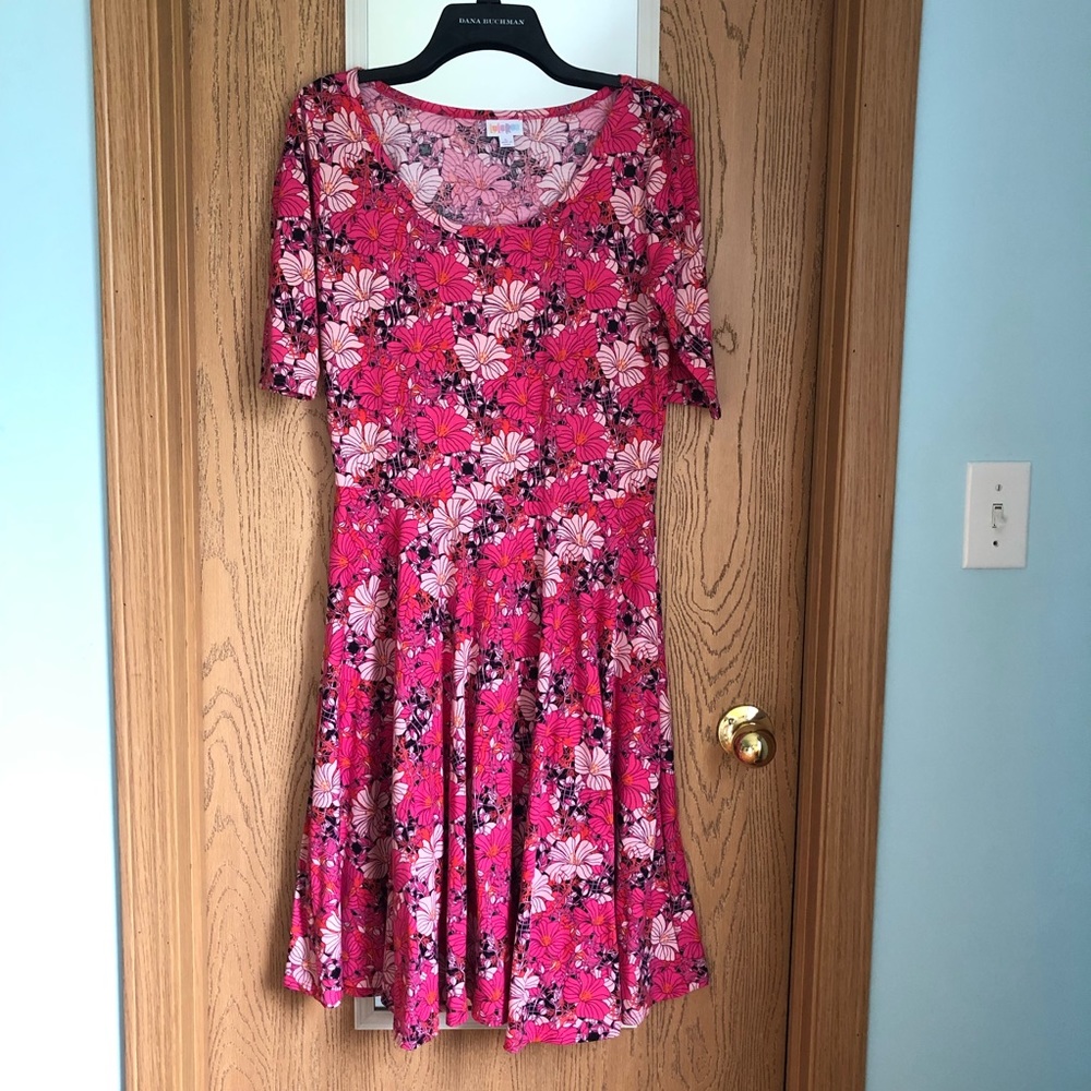 🌸 LuLaRoe Nicole Floral Dress Spring A-Line Sz L Hot Pink & Red Flowers Comfy